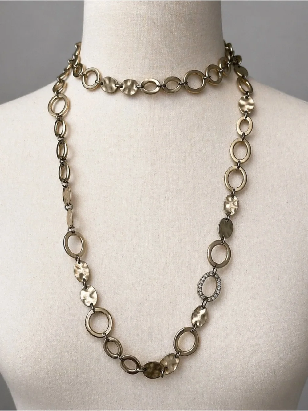 Light Gold-Tone Hammered Link Long Necklace with Pavé Accent Can be Doubled